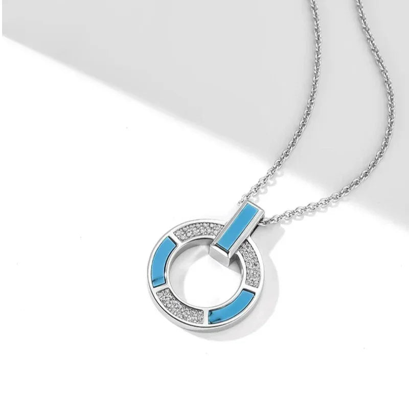 Turquoise Blue-White Contrast Circle Necklace Women's Style - OOAKB
