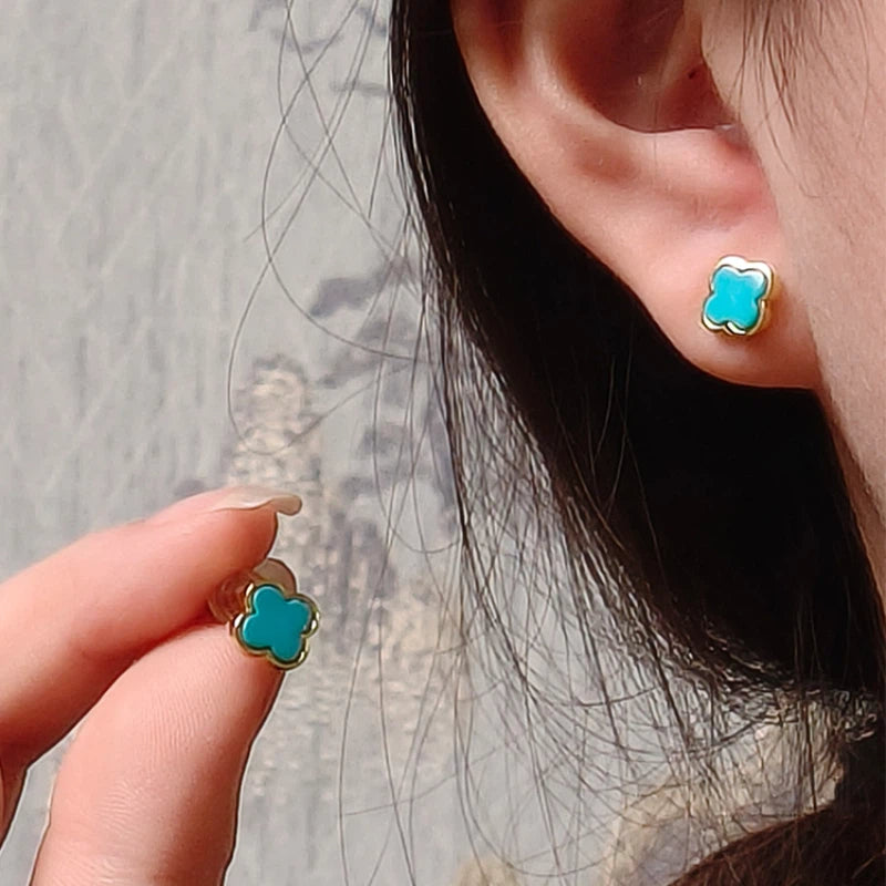 18K Gold Natural Turquoise Clover Earrings