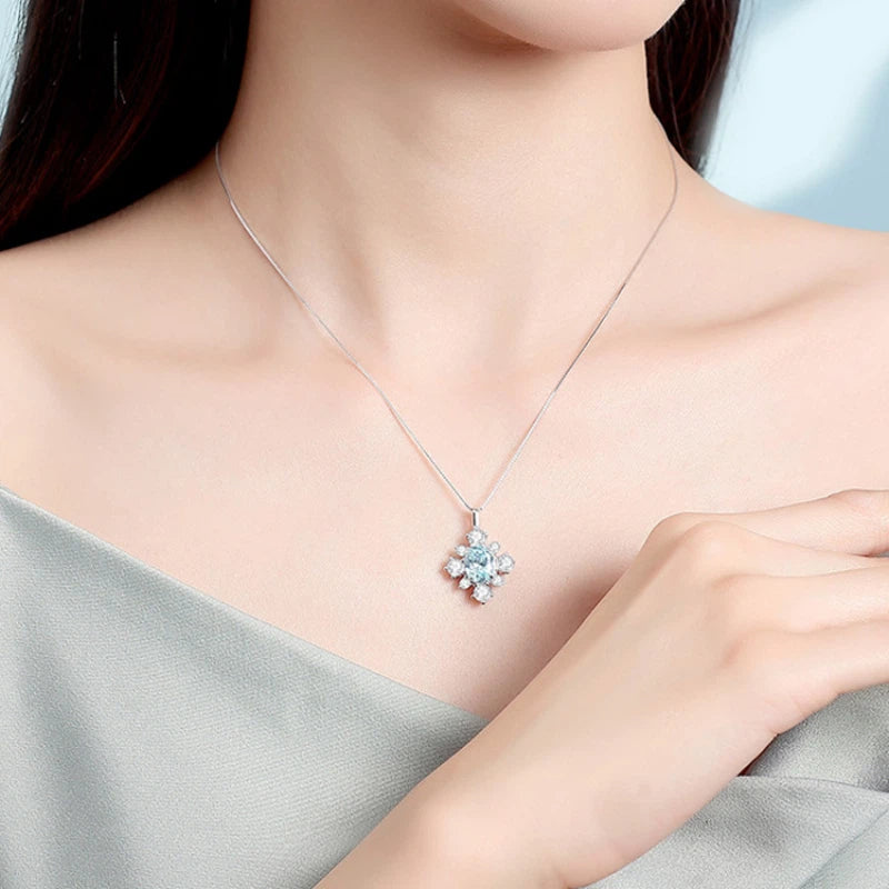 Sea Blue Topaz S925 Silver Snowflake Necklace