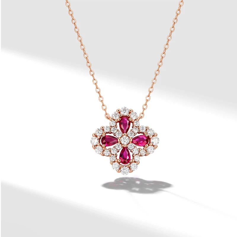Hollow Four-Leaf Clover Ruby Necklace S925 Silver Women's Style