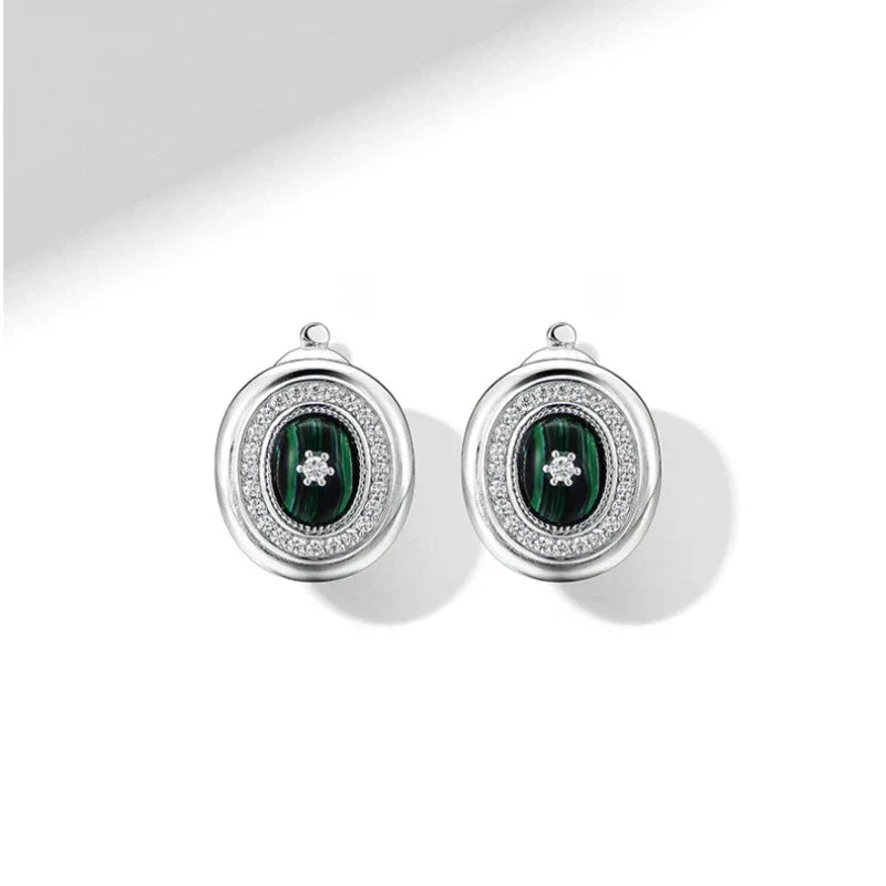 Full Diamond Cabochon Malachite Earrings - OOAKB