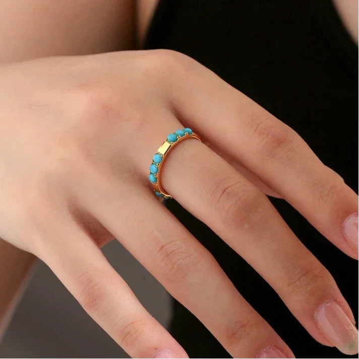 Turquoise Round Band Ring S925 Silver Plated 18K Gold Ring - OOAKB