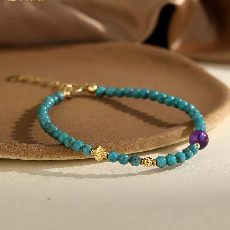 Natural Turquoise Round Bead & Amethyst Luxury Bracelet - OOAKB