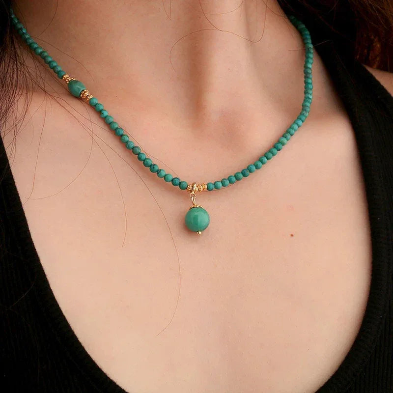 Turquoise Round Bead Pendant S925 Silver DIY Necklace - OOAKB