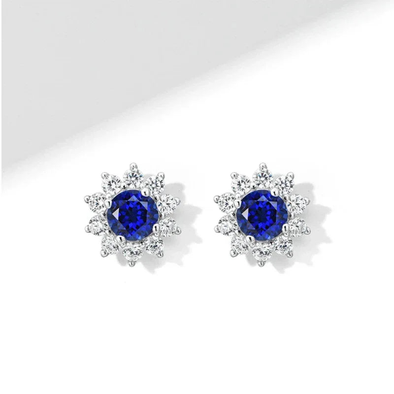 Brilliant Series Sapphire Sunflower Four-Claw Earrings S925 Silver - OOAKB