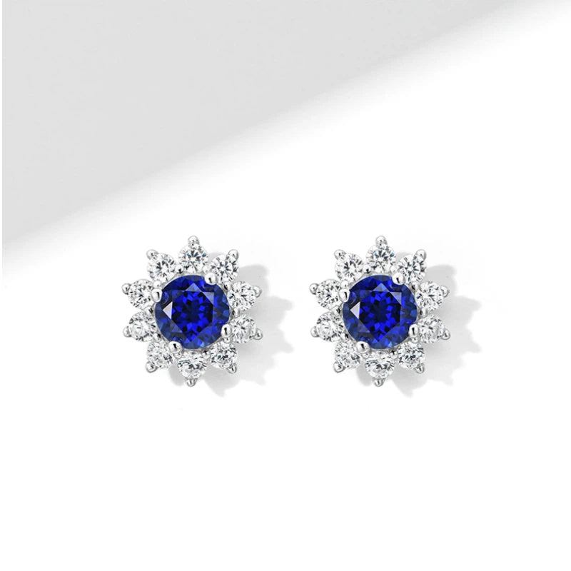 Brilliant Series Sapphire Sunflower Four-Claw Earrings S925 Silver
