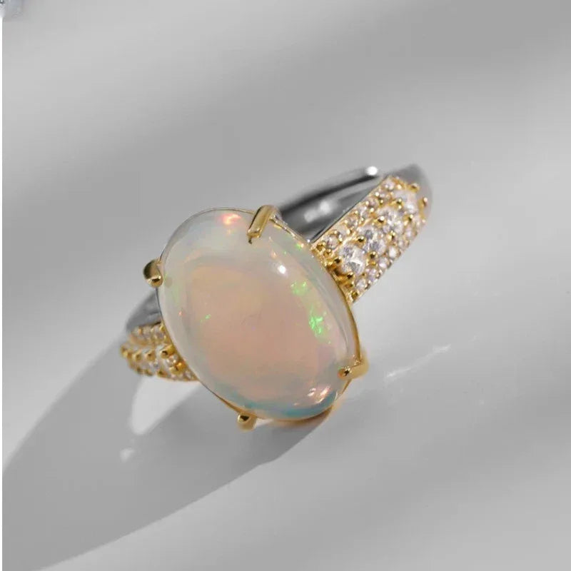 Natural Opal S925 Silver Gold-Plated Vintage Adjustable Ring - OOAKB