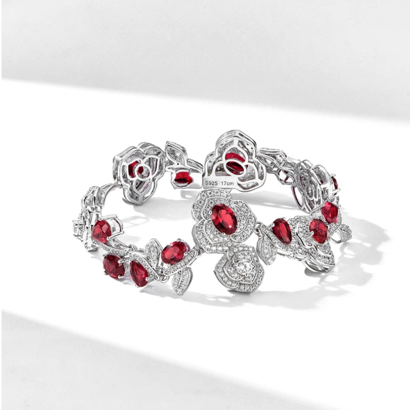 Rose-shaped Ruby Bracelet S925 Silver Women's Style