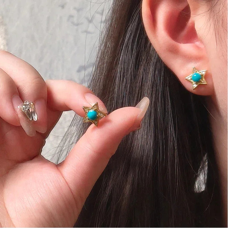 Natural Turquoise Star Round Earrings - OOAKB