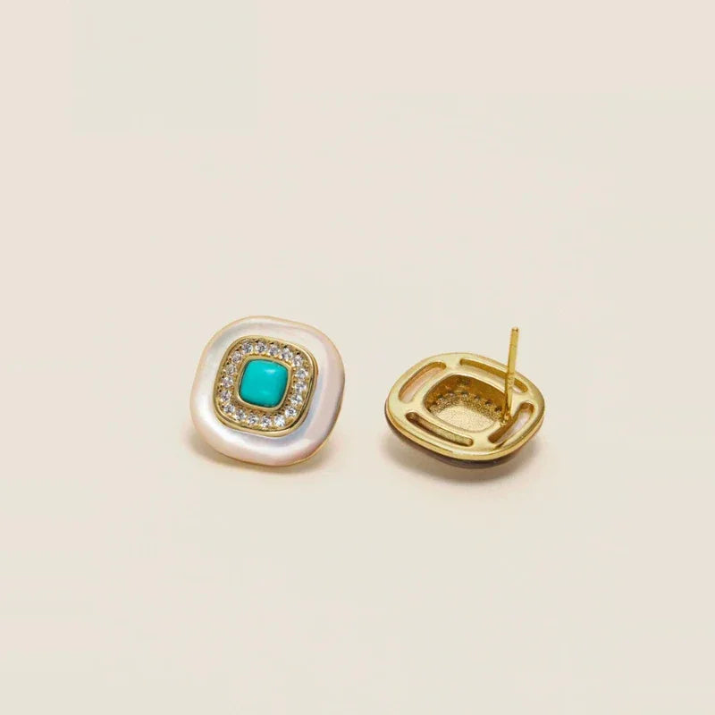 Turquoise Square White Mother of Pearl S925 Silver Earrings - OOAKB