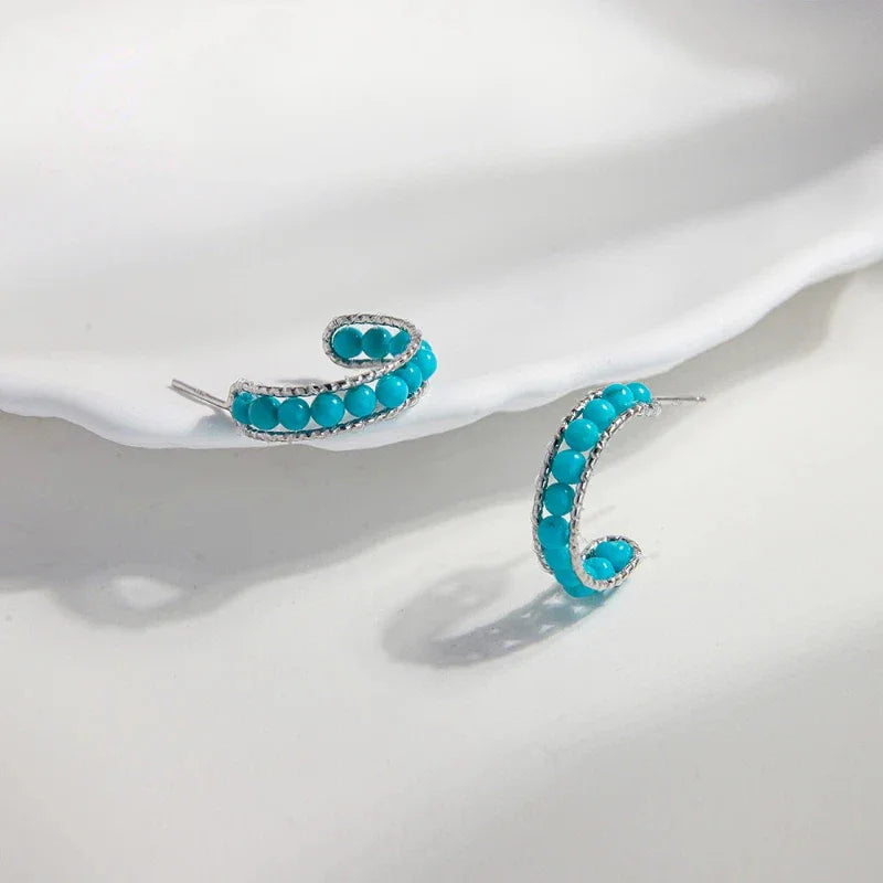 Natural American Turquoise Millet Bead U-Shaped Oval Earrings - OOAKB