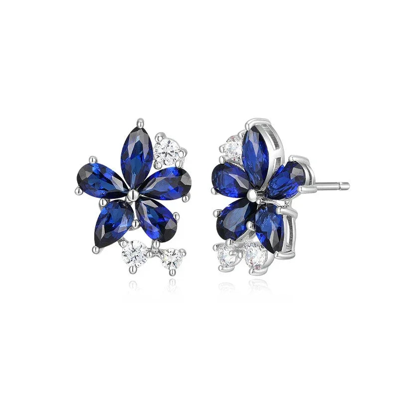 Sapphire S925 Silver Five-Petal Flower Earrings - OOAKB