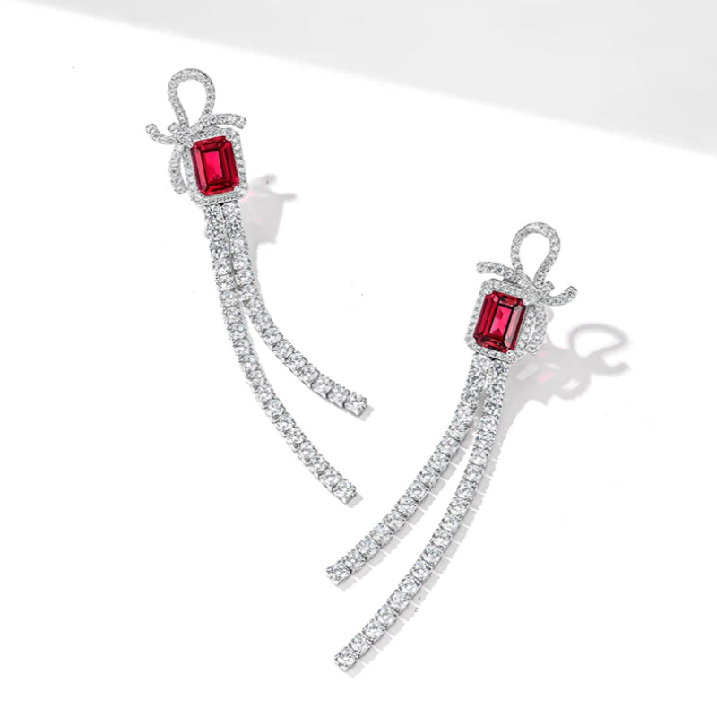 S925 Silver Ruby Bowknot Long Tassel Small Square Sugar Earrings