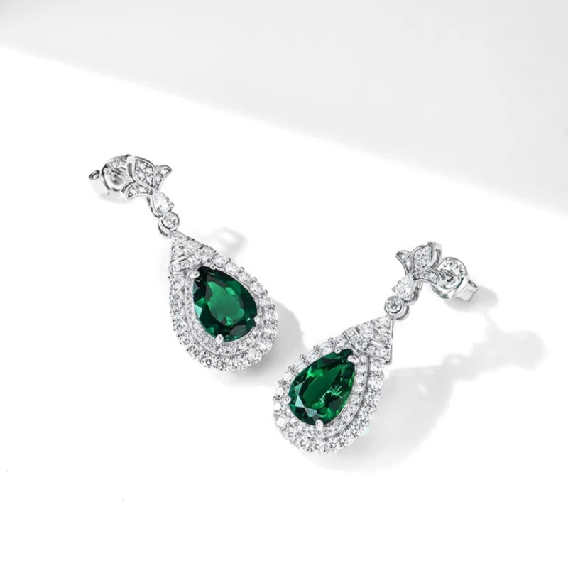 Emerald Large Teardrop Retro Stud Earrings S925 Silver Women's Style