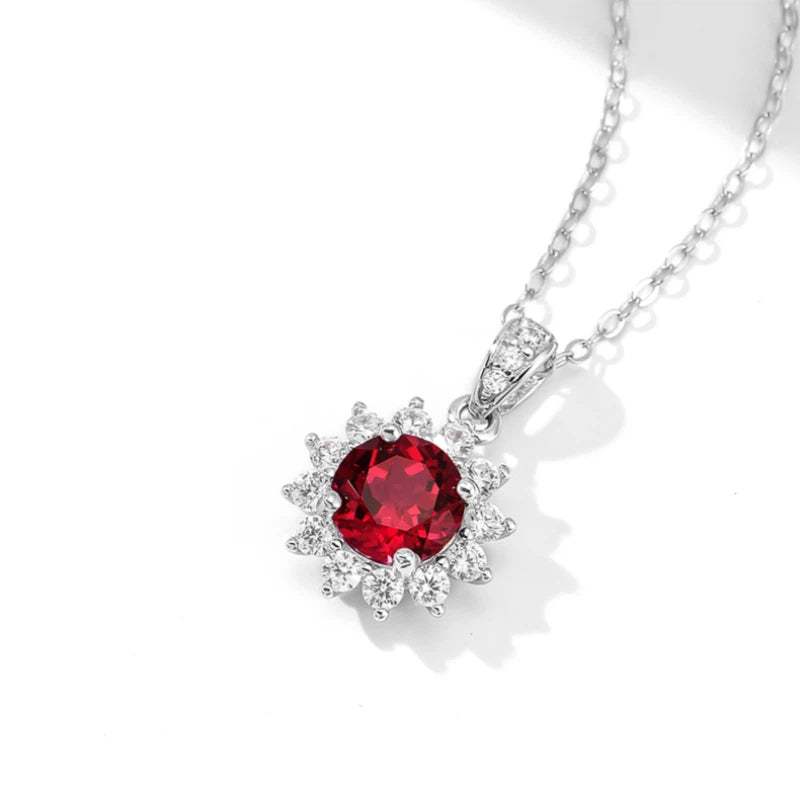 Brilliant Series Four-Claw Ruby Sunflower Necklace S925 Silver Women's Style