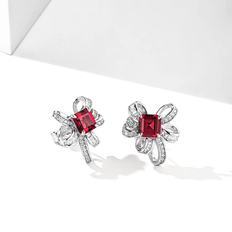 Ruby Bowknot Four-Claw Set Earrings