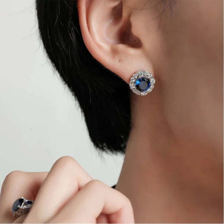 Royal Blue Sapphire S925 Silver Rhodium-Plated Earrings - OOAKB