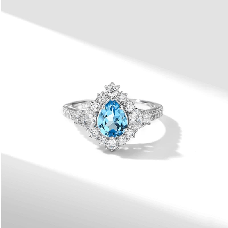 Natural Topaz Ice Blue Small Water Drop Ring Women's Style