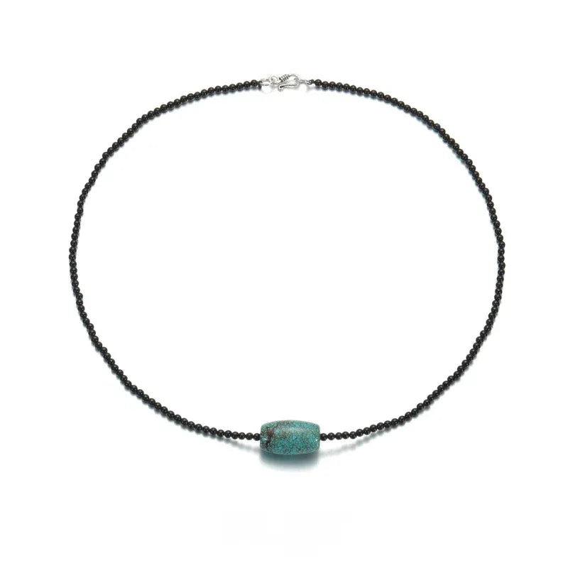 Silver Onyx Beaded Turquoise Pendant Necklace - OOAKB