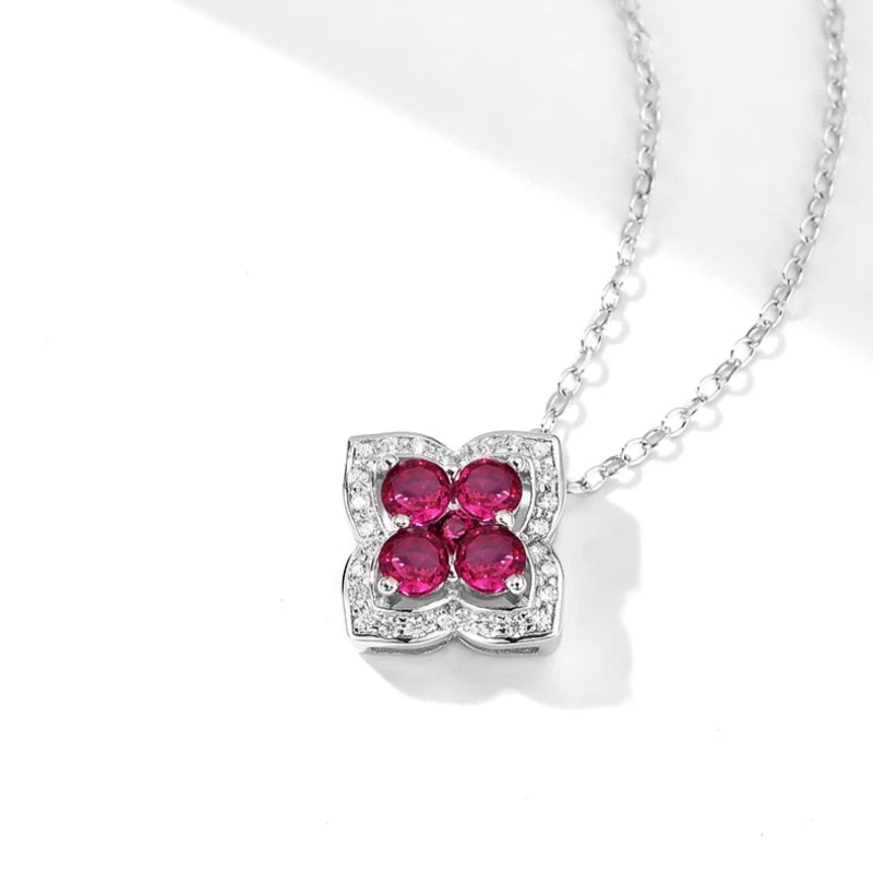 Four-Leaf Clover Ruby Necklace S925 Silver Women's Style