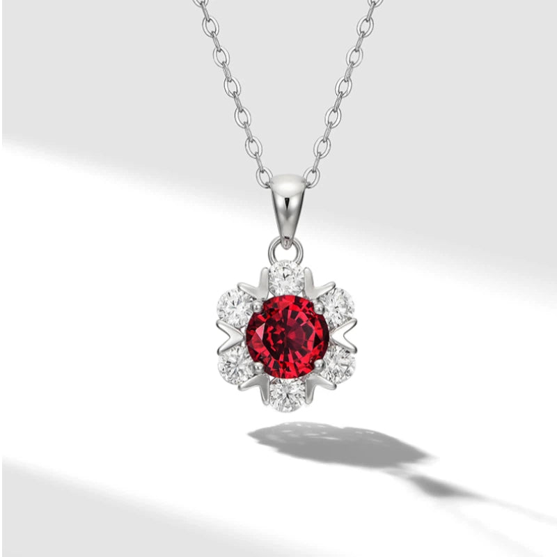 S925 Silver Pigeon Blood Ruby Flower Necklace Women's Style