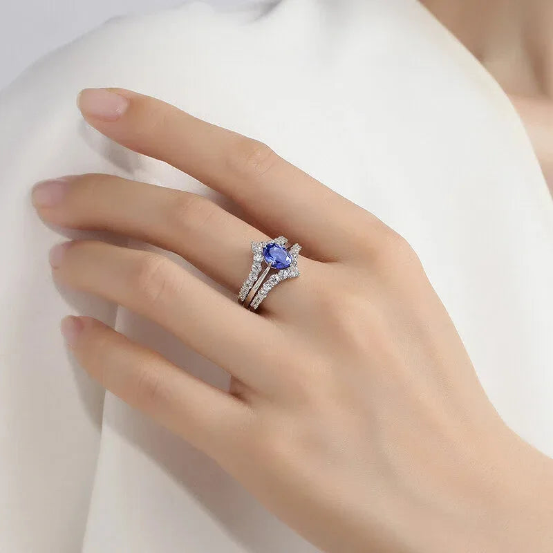 Sapphire S925 Silver Rhodium-Plated Zircon Surround Stackable Ring - OOAKB