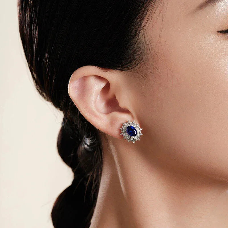 Cornflower Sapphire S925 Silver Rhodium-Plated Surround Earrings - OOAKB