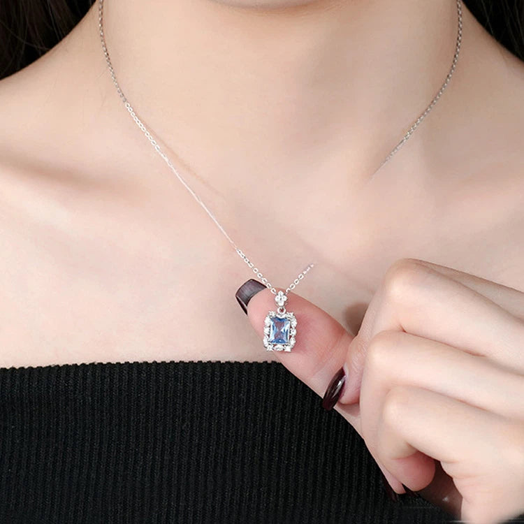Blue Topaz S925 Silver Square Candy Necklace