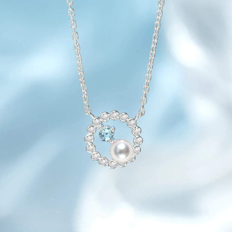 Sea Blue Topaz S925 Silver Saltwater Pearl Necklace
