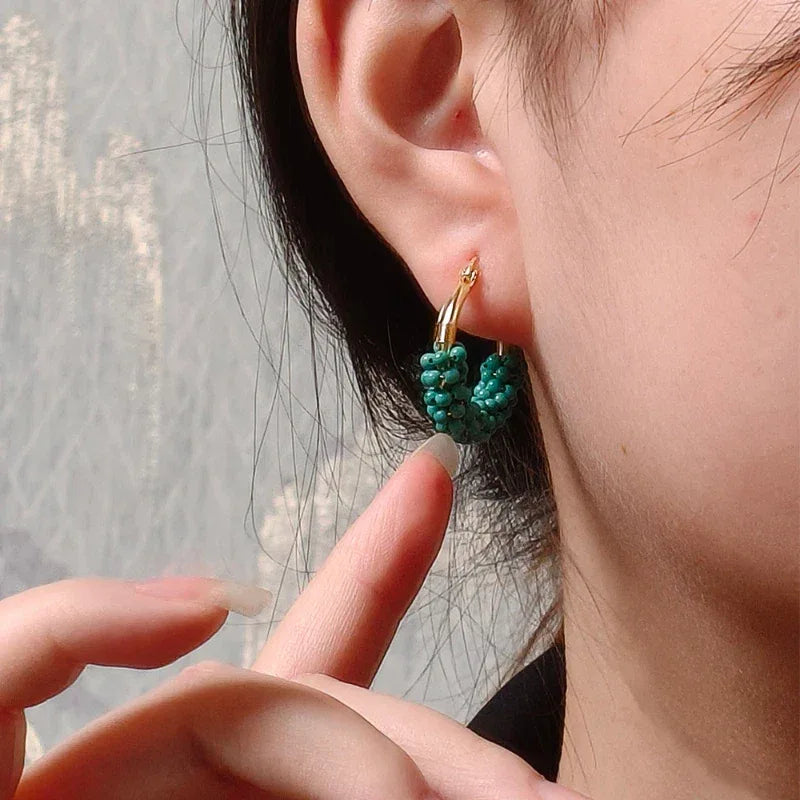 Natural Turquoise Millet Bead Woven Earrings - OOAKB