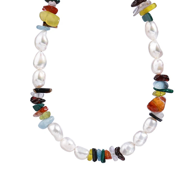 Colorful Natural Stone Bead & Baroque Pearl Necklace