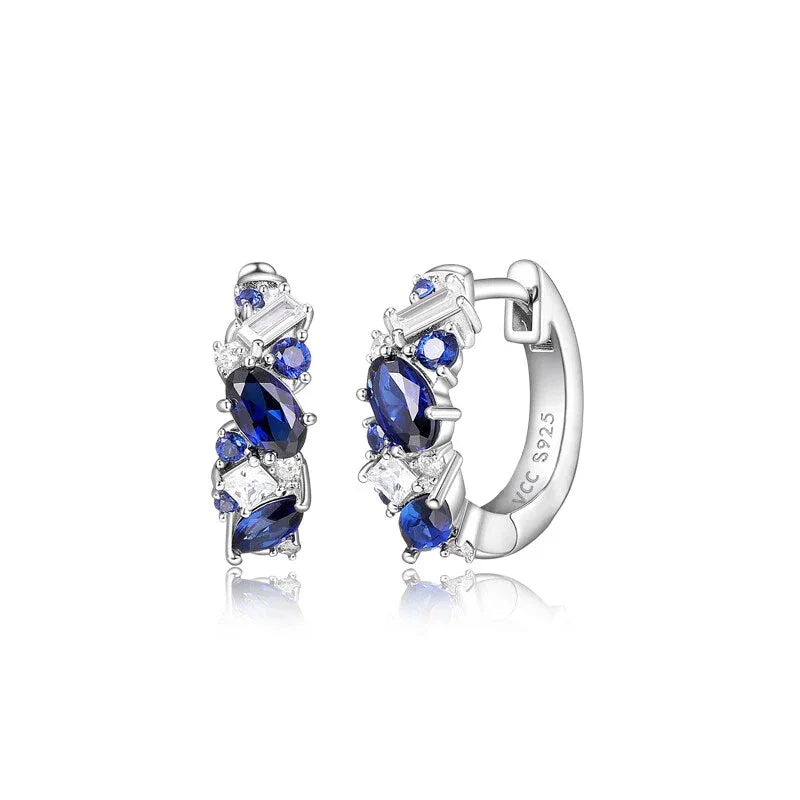 Sapphire S925 Silver Rhodium-Plated Stacked Gem Hoop Earrings - OOAKB