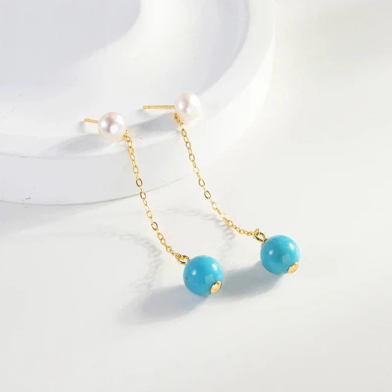 Natural Turquoise Round Bead Pearl Long Luxury Earrings - OOAKB