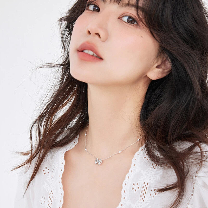 Topaz S925 Silver Bowknot Pearl Necklace