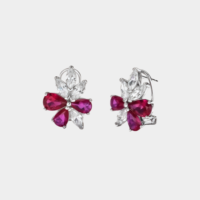 Ruby Flower Earrings S925 Silver Women's Style