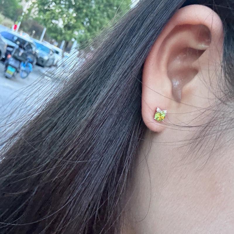 Natural Peridot Cat Luxury Silver Earrings - OOAKB