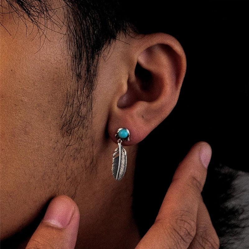 Silver Turquoise Feather Earrings Unisex - OOAKB