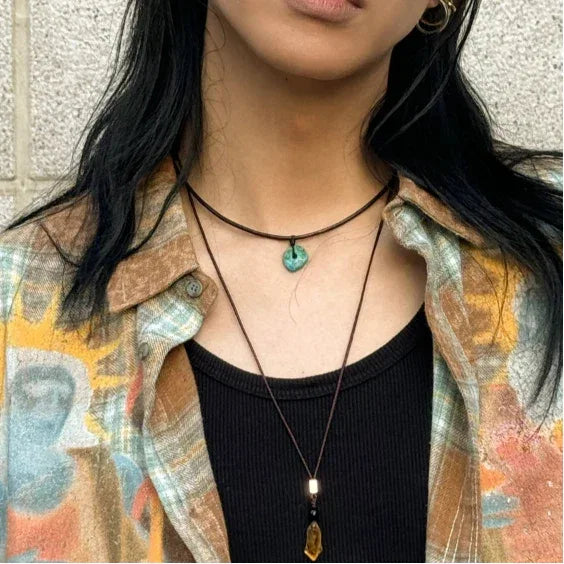 Black Cord Turquoise Pendant Necklace Unisex - OOAKB