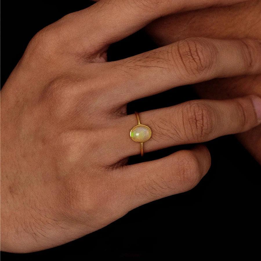 Silver Plated Gold Egg-Shaped Opal Ring - OOAKB