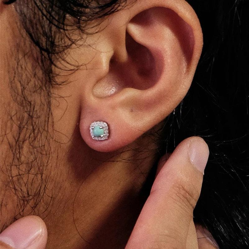 Silver Square Diamond Inlaid Turquoise Earrings - OOAKB