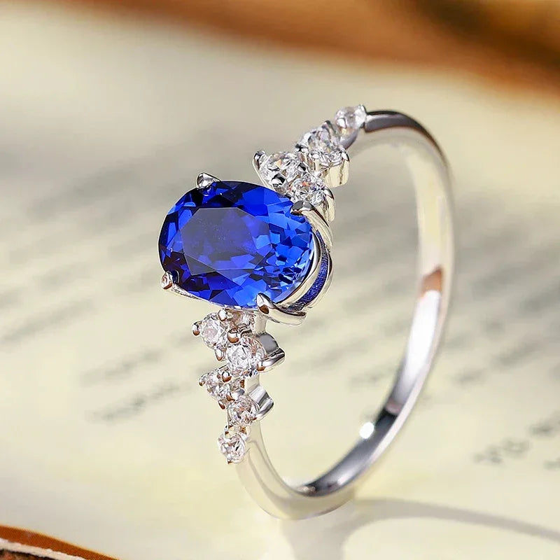 Sapphire S925 Silver Side Diamond-Accented Oval Ring - OOAKB