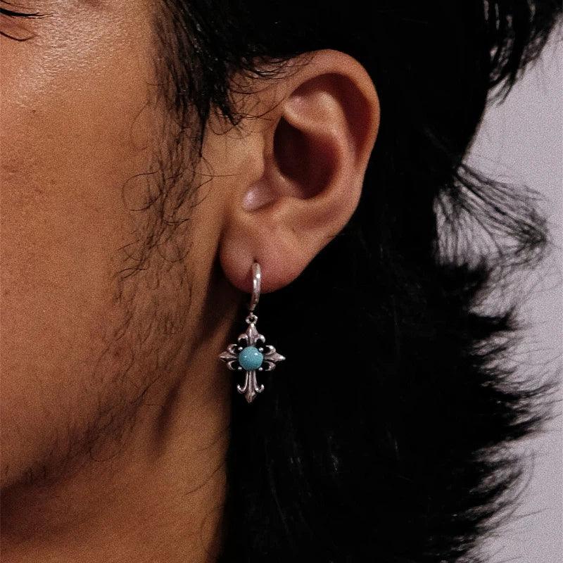 Silver Cross Turquoise Earrings Punk Style - OOAKB