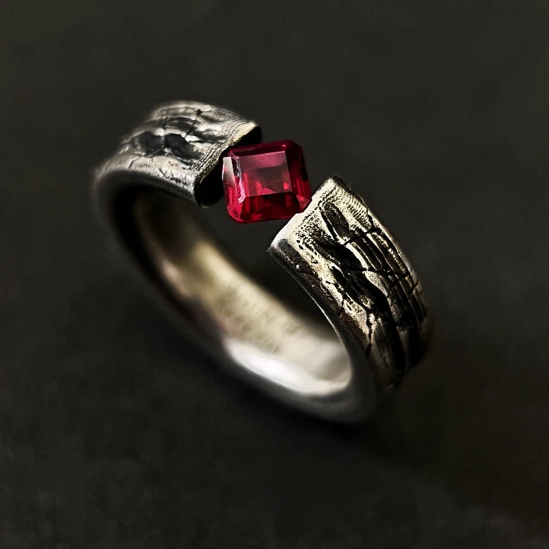 S925 Silver Handmade Hammered Vintage Ruby Ring