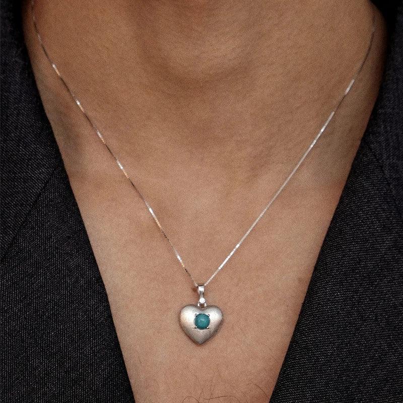 Silver Heart-Inlaid Turquoise Necklace Unisex - OOAKB
