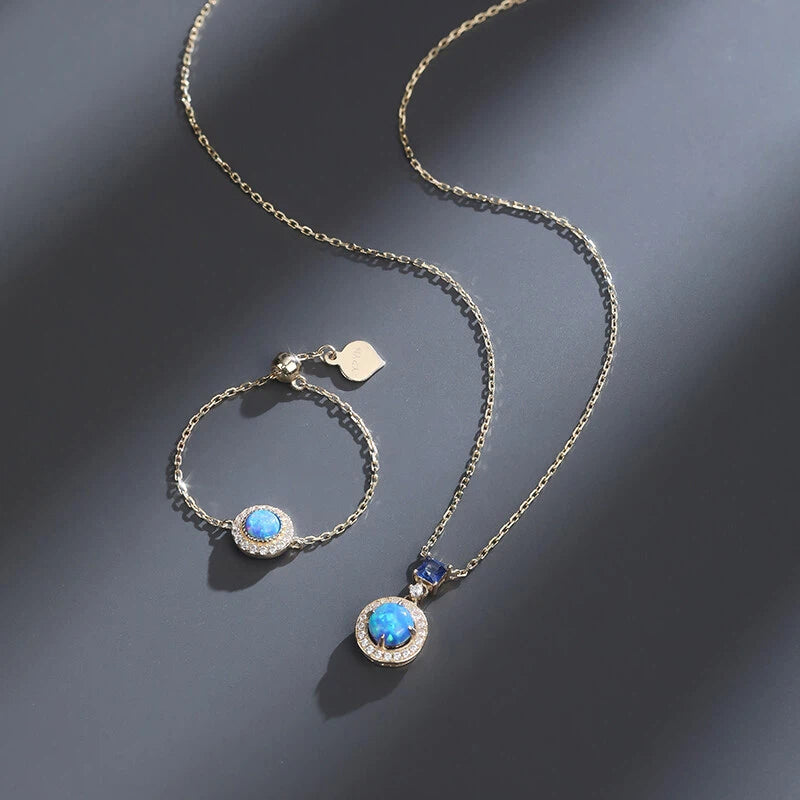 Blue Iridescent Opal S925 Silver Diamond-Inlaid Necklace