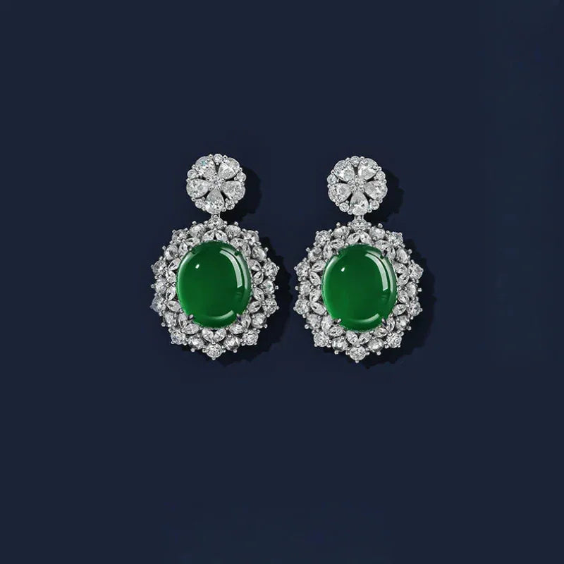 Chrysoprase Neo-Chinese Cabochon Earrings S925 Silver - OOAKB