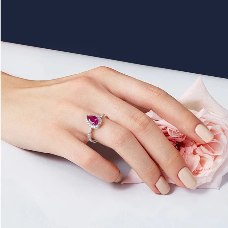 Angel's Tear Pigeon Blood Ruby Water Drop Ring Women's Style S925 Silver