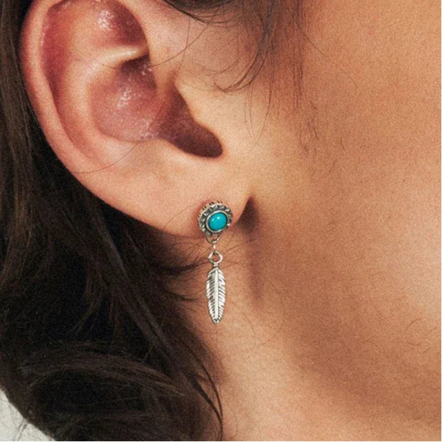 S925 Silver Antiqued Feather Turquoise Earrings - OOAKB