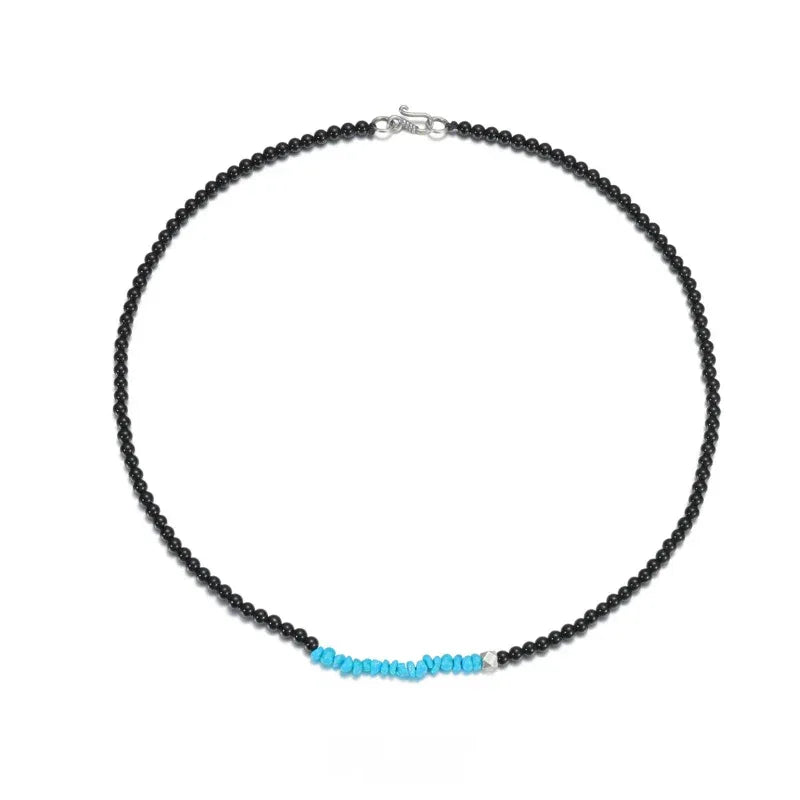 Silver Black Agate Turquoise Beaded Necklace - OOAKB
