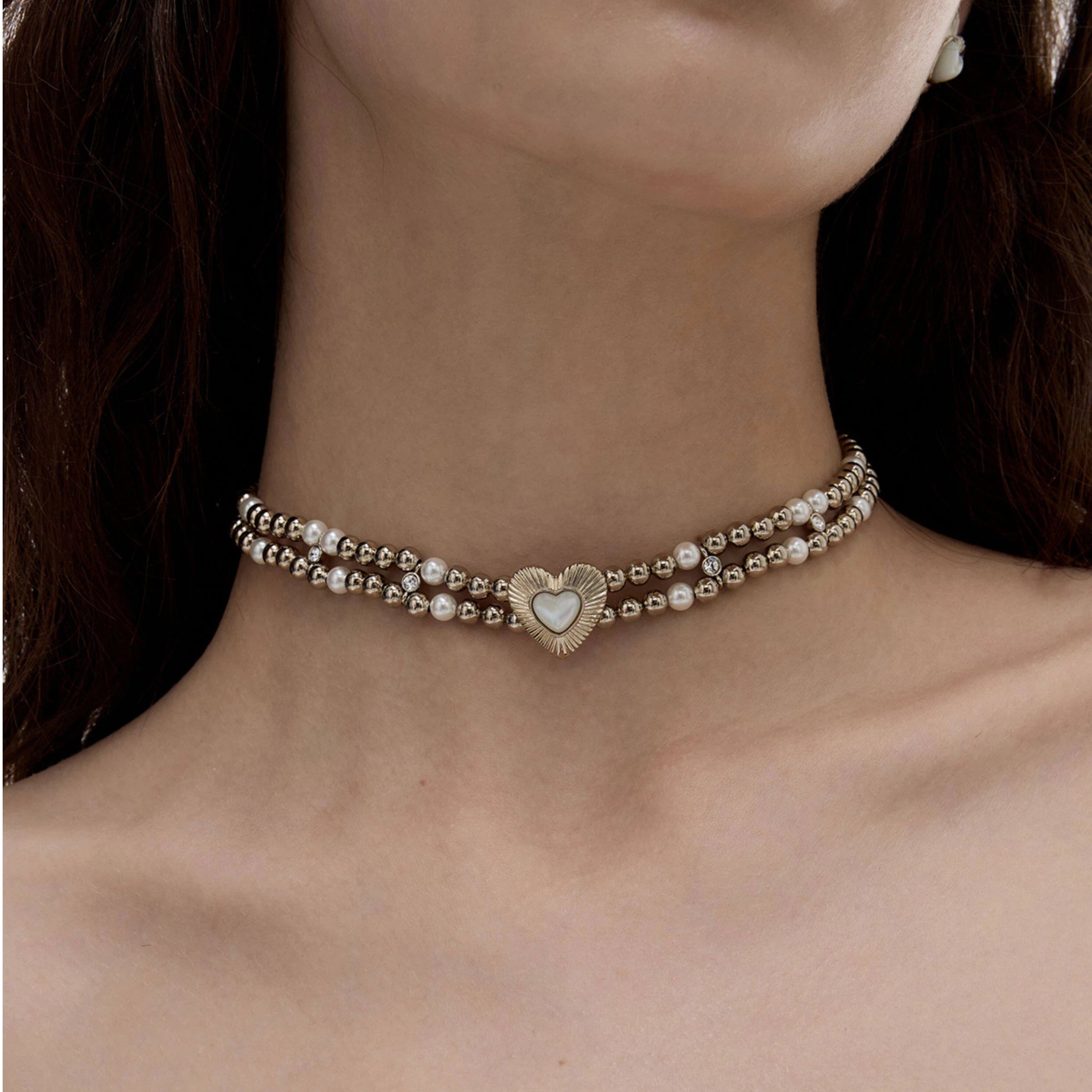 Double-Layer Beaded Heart-Shaped Pearl Collarbone Chain